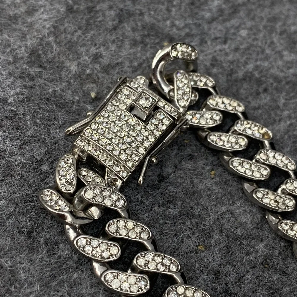 Iced Out White Gold Plated Cuban Link Chain 22in Rectangle Clamp Mens Necklace
